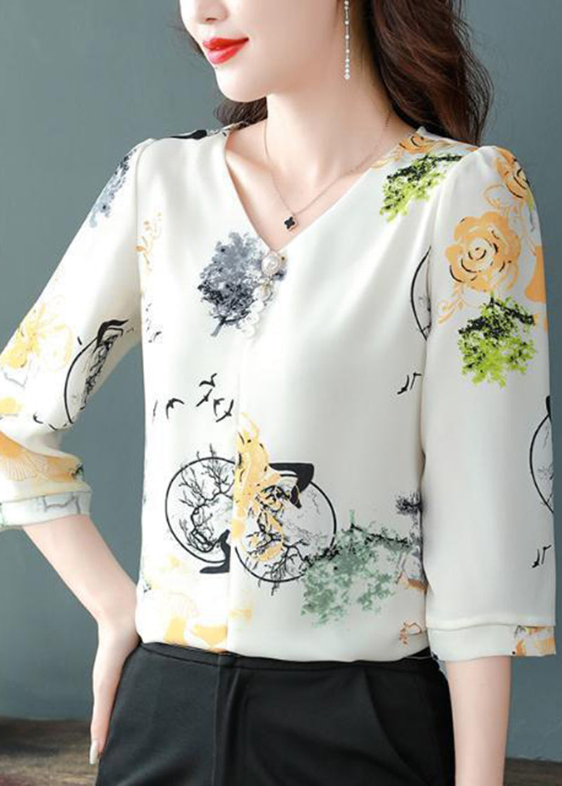 Fashion White V Neck Yellow Flower Print Chiffon Shirts Bracelet Sleeve