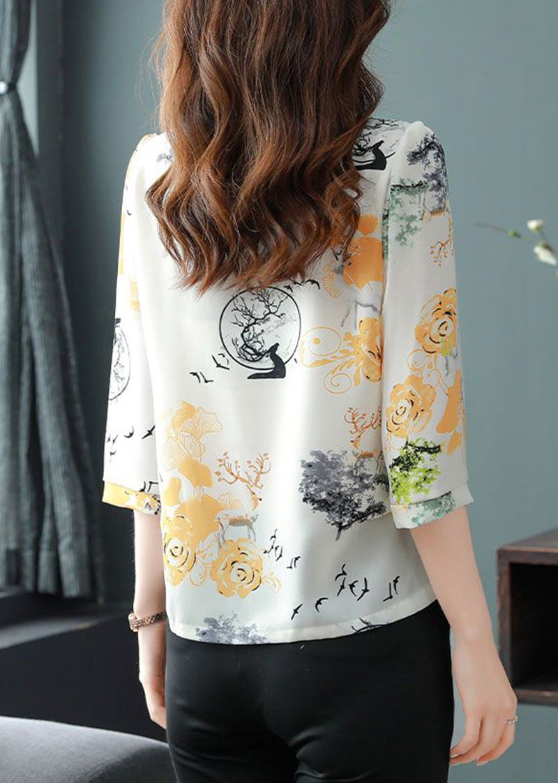 Fashion White V Neck Yellow Flower Print Chiffon Shirts Bracelet Sleeve