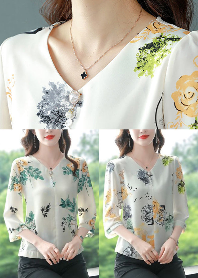 Fashion White V Neck Yellow Flower Print Chiffon Shirts Bracelet Sleeve
