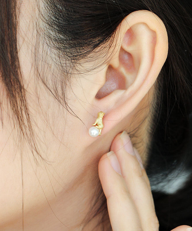 Fashion Yellow 14K Gold Cute Cats Pearl Asymmetrical Design Stud Earrings