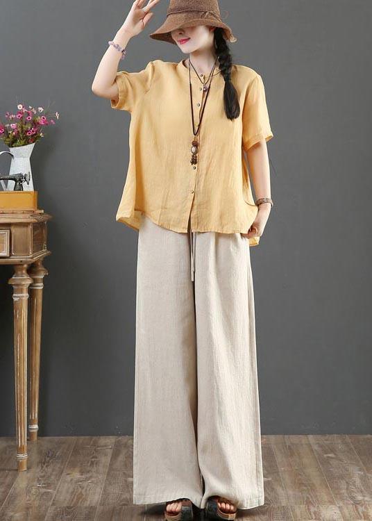 Fashion Yellow Loose Linen Summer Shirt Tops - Omychic
