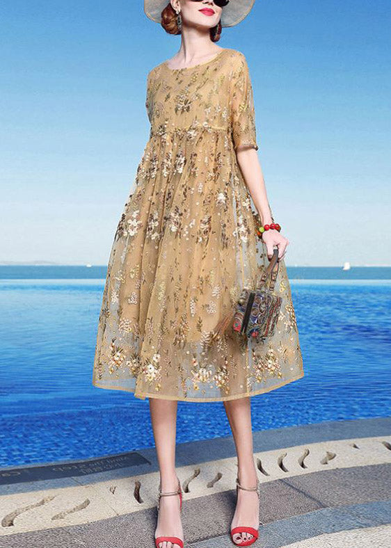 Fashion Yellow O-Neck Embroideried Floral Wrinkled Tulle Long Dresses Summer