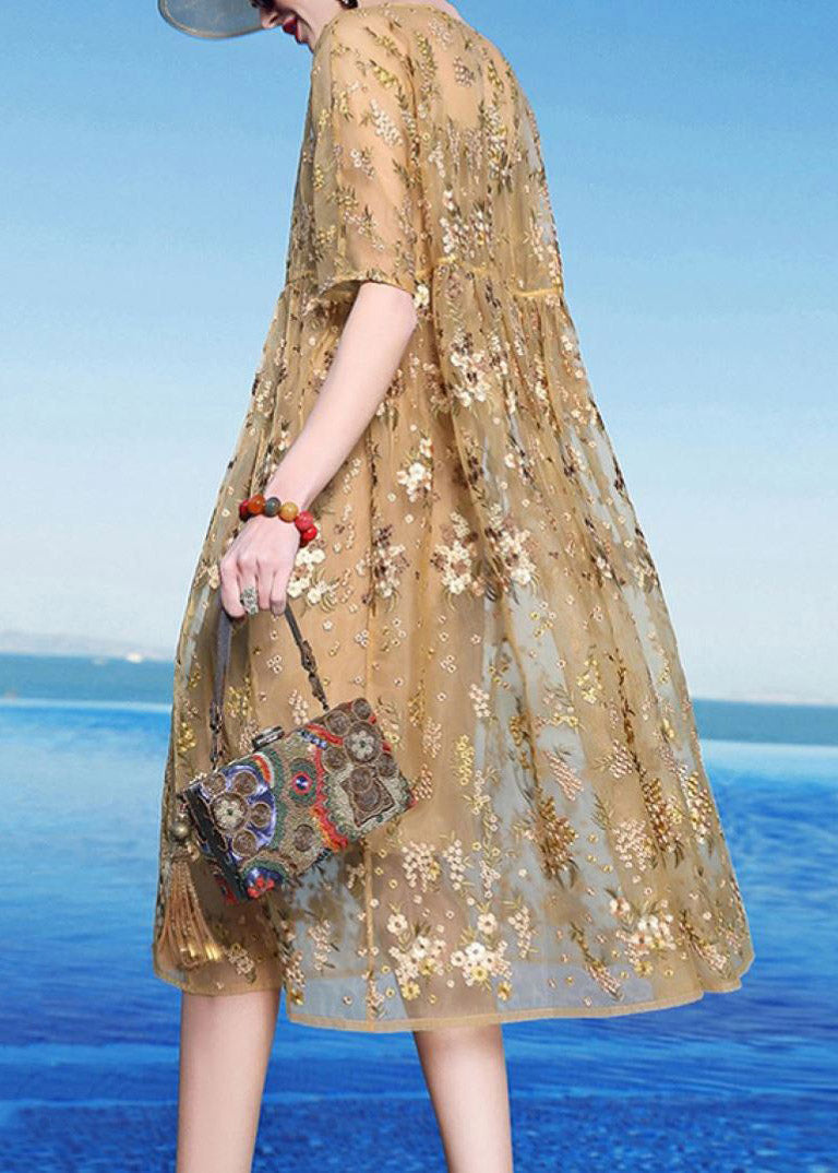 Fashion Yellow O-Neck Embroideried Floral Wrinkled Tulle Long Dresses Summer