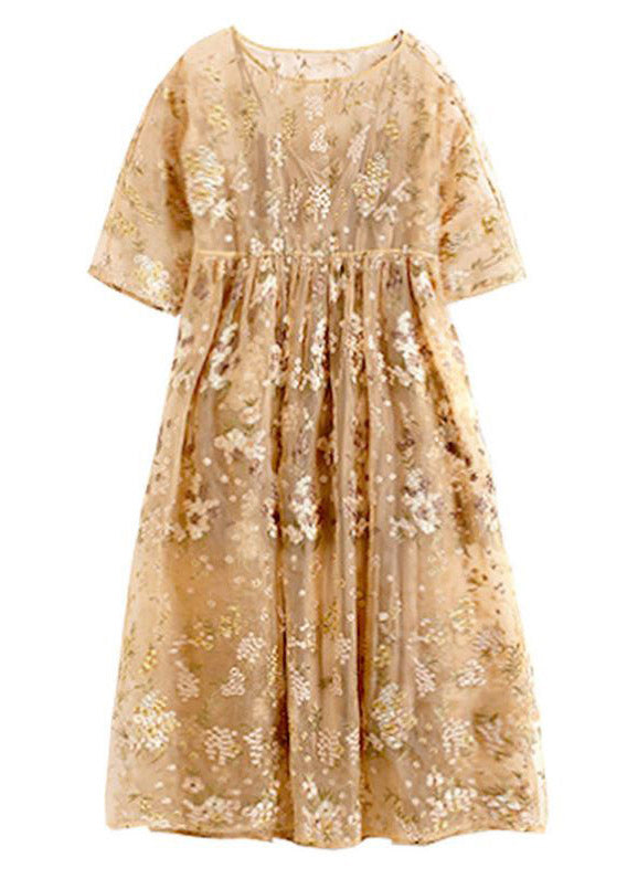 Fashion Yellow O-Neck Embroideried Floral Wrinkled Tulle Long Dresses Summer