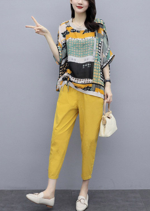 Fashion Yellow O-Neck Print Top And Pants Two Pieces Set Summer