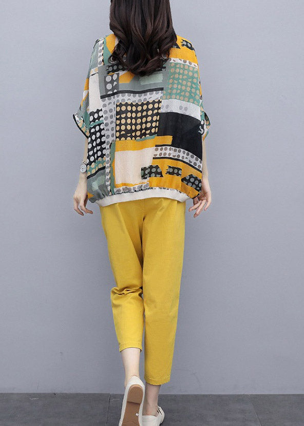 Fashion Yellow O-Neck Print Top And Pants Two Pieces Set Summer