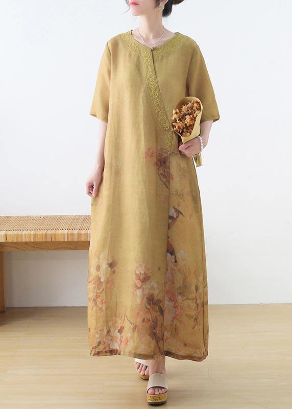 Fashion Yellow Print Oriental Party Dress Summer Linen Dress - Omychic