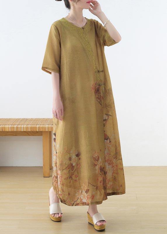 Fashion Yellow Print Oriental Party Dress Summer Linen Dress - Omychic