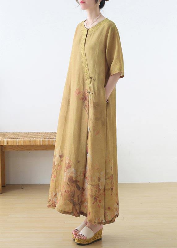 Fashion Yellow Print Oriental Party Dress Summer Linen Dress - Omychic