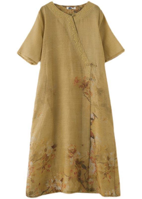 Fashion Yellow Print Oriental Party Dress Summer Linen Dress - Omychic