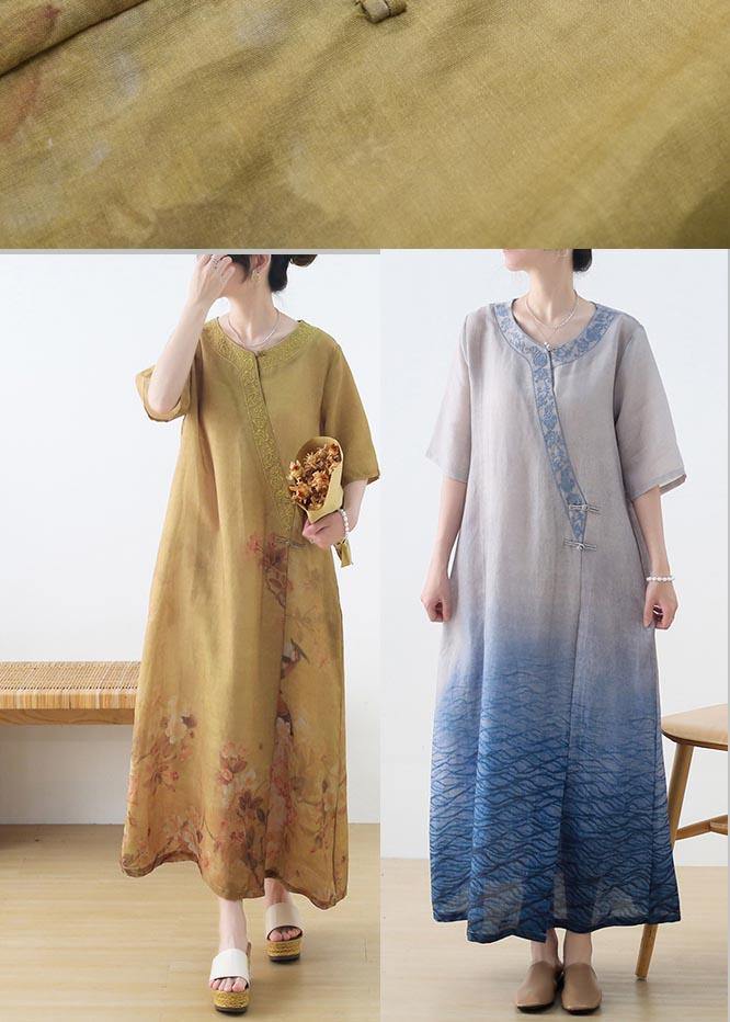 Fashion Yellow Print Oriental Party Dress Summer Linen Dress - Omychic