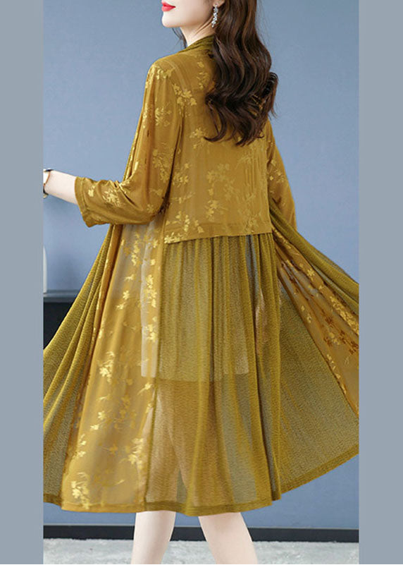 Fashion Yellow Print Patchwork Maxi Ice Size Chiffon Cardigans Long Sleeve