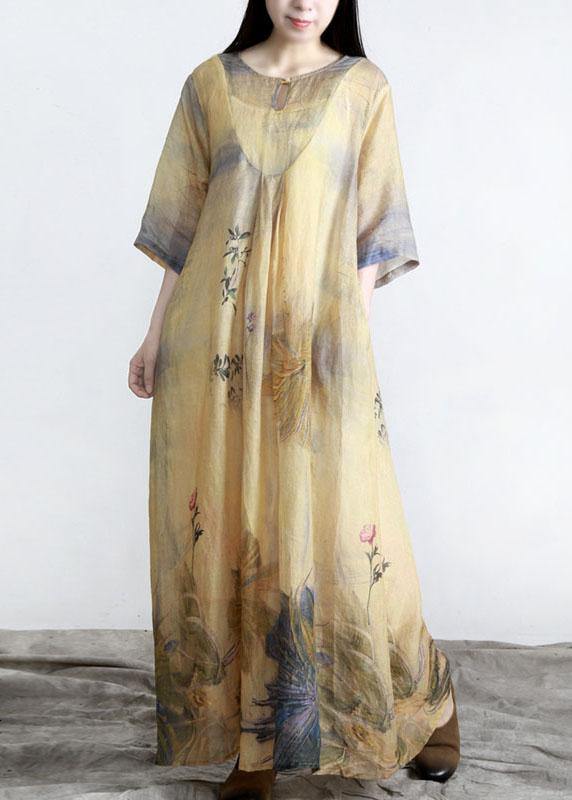 Fashion Yellow Print Pockets Summer Linen Dress - Omychic