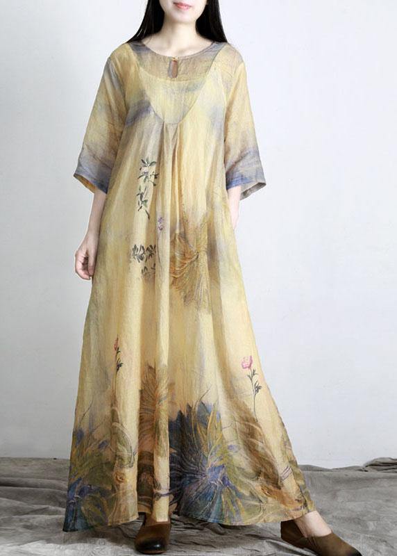 Fashion Yellow Print Pockets Summer Linen Dress - Omychic