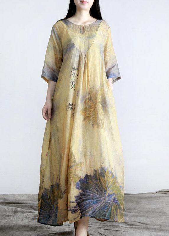 Fashion Yellow Print Pockets Summer Linen Dress - Omychic