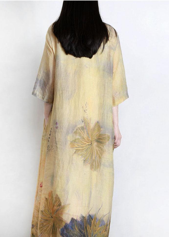 Fashion Yellow Print Pockets Summer Linen Dress - Omychic