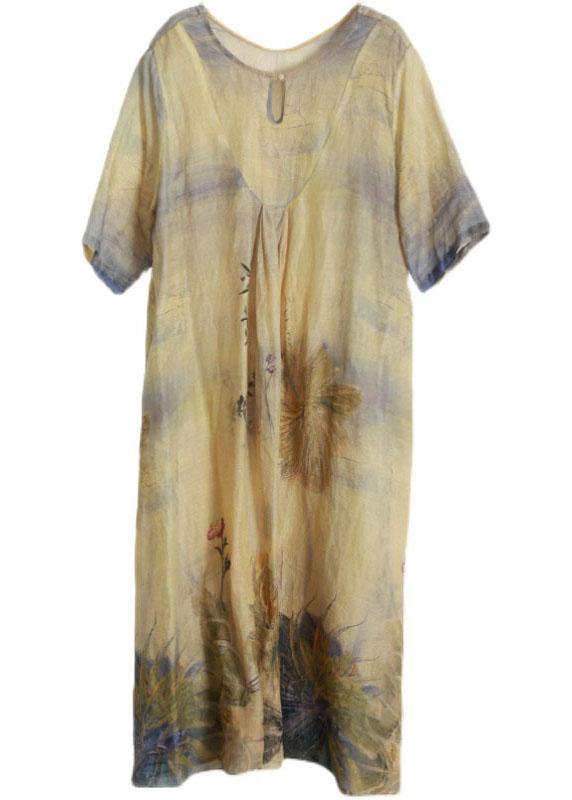 Fashion Yellow Print Pockets Summer Linen Dress - Omychic