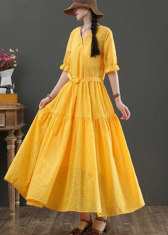 Fashion Yellow Short Sleeve A Line Summer Cotton Dress ( Limited Stock) - Omychic