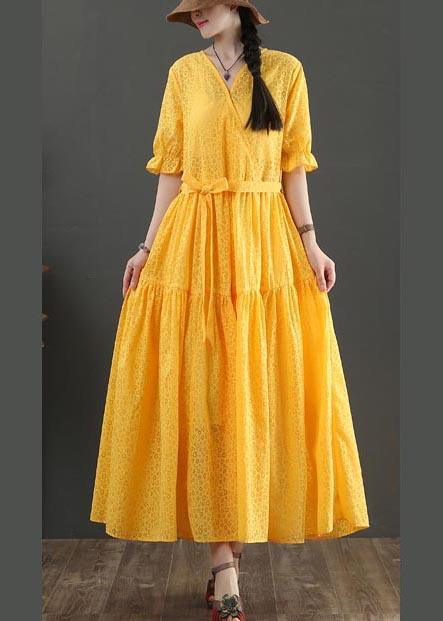 Fashion Yellow Short Sleeve A Line Summer Cotton Dress ( Limited Stock) - Omychic