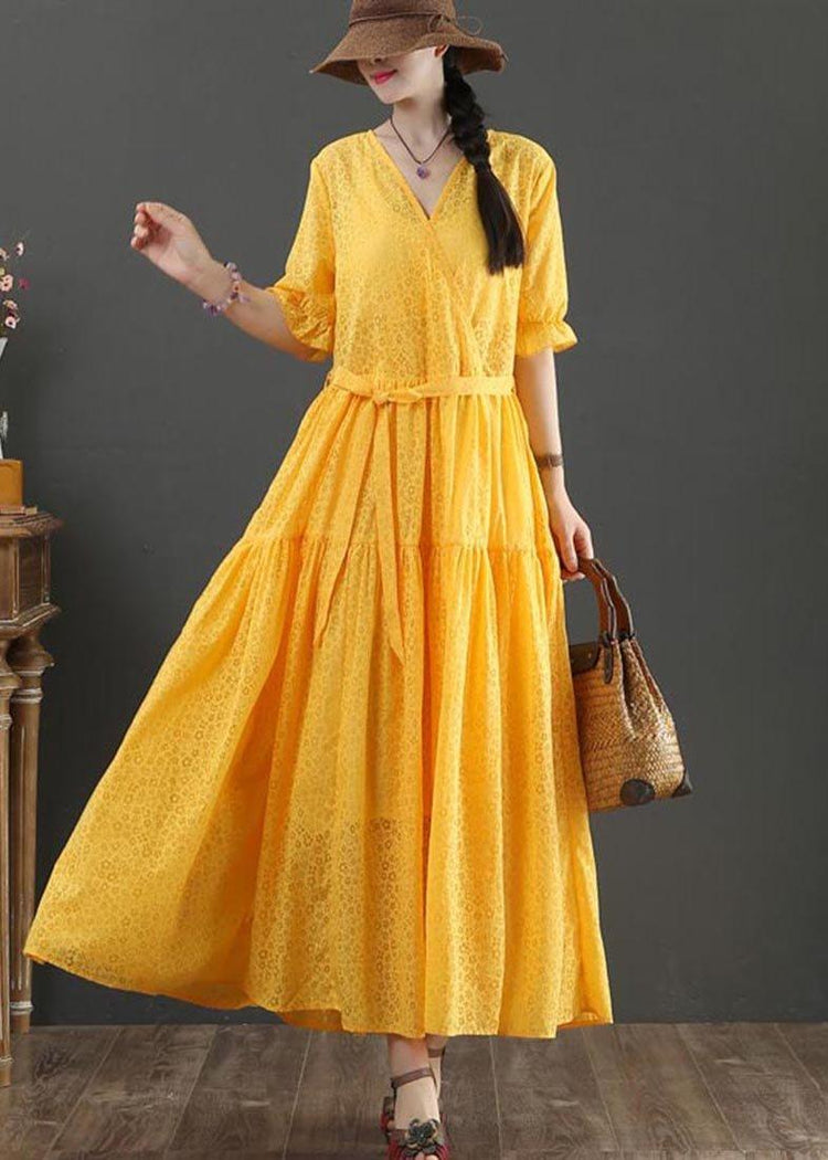 Fashion Yellow Short Sleeve A Line Summer Cotton Dress ( Limited Stock) - Omychic