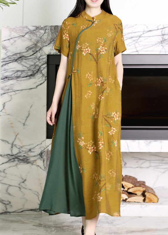 Fashion Yellow Stand Collar Asymmetrical Print Patchwork Button Linen Long Dresses Short Sleeve