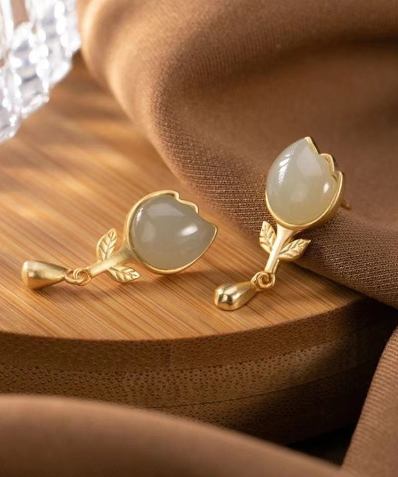 Fashion Yellow Sterlign Silver Inlaid Jade Leaf Drop Earrings