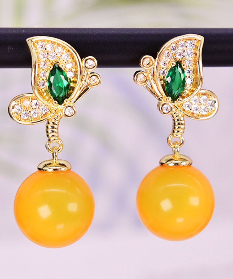 Fashion Yellow Sterling Silver Overgild Zircon Beeswax Butterfly Drop Earrings