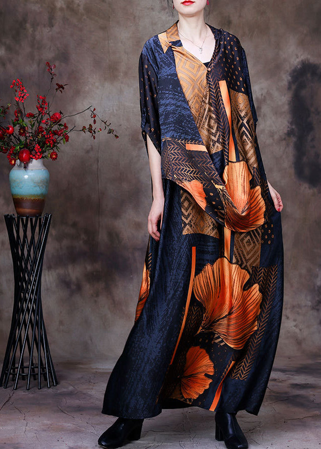 Fashion Yellow V Neck Asymmetrical Patchwork Silk Long Dress Half Sleeve