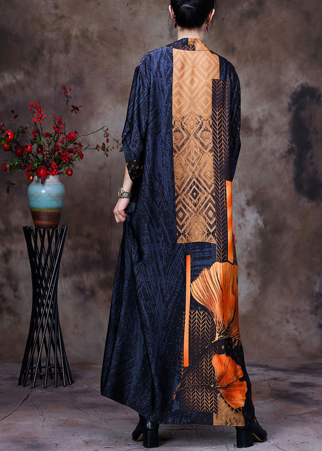 Fashion Yellow V Neck Asymmetrical Patchwork Silk Long Dress Half Sleeve