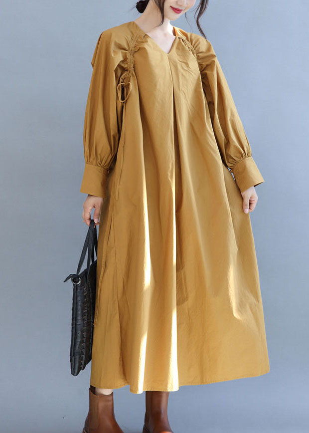 Fashion Yellow V Neck Cinched Cotton Long Dress Fall