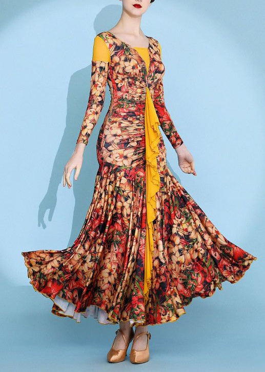 Fashion Yellow Wrinkled Print Patchwork Cotton Long Dress Spring
