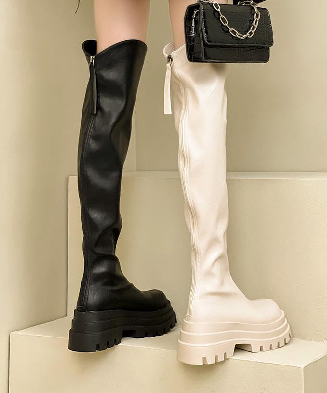 Fashion Zippered Splicing Platform Knee Boots Black