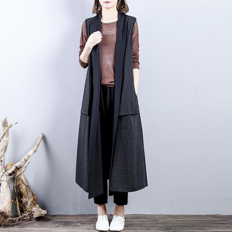 Fashion black  maxi coat casual back open trench coat boutique sleeveless cotton Coat - Omychic