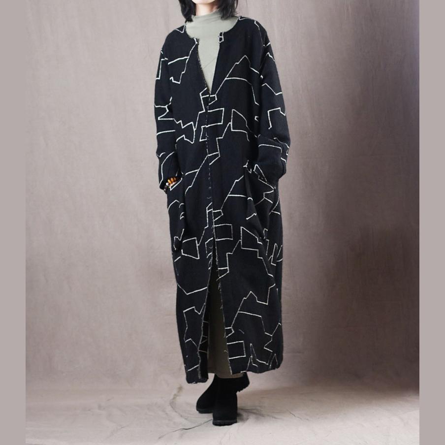 Fashion black Geometric Wool Coat plus size clothing pockets maxi coat vintage baggy wool jackets - Omychic
