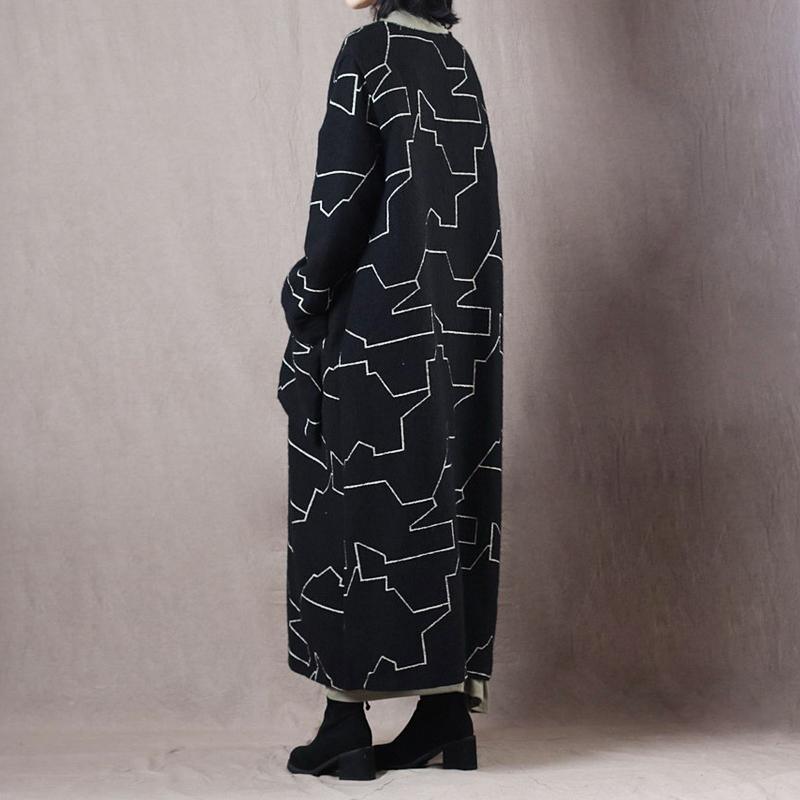 Fashion black Geometric Wool Coat plus size clothing pockets maxi coat vintage baggy wool jackets - Omychic