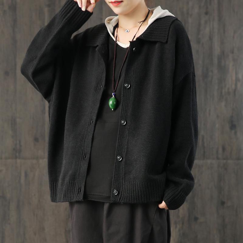 Fashion black knitted cardigans Loose fitting o neck sweaters lapel collar - Omychic