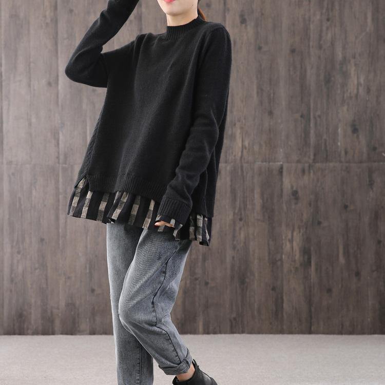 Fashion black knitted pullover oversize o neck knit sweat tops false two pieces - Omychic