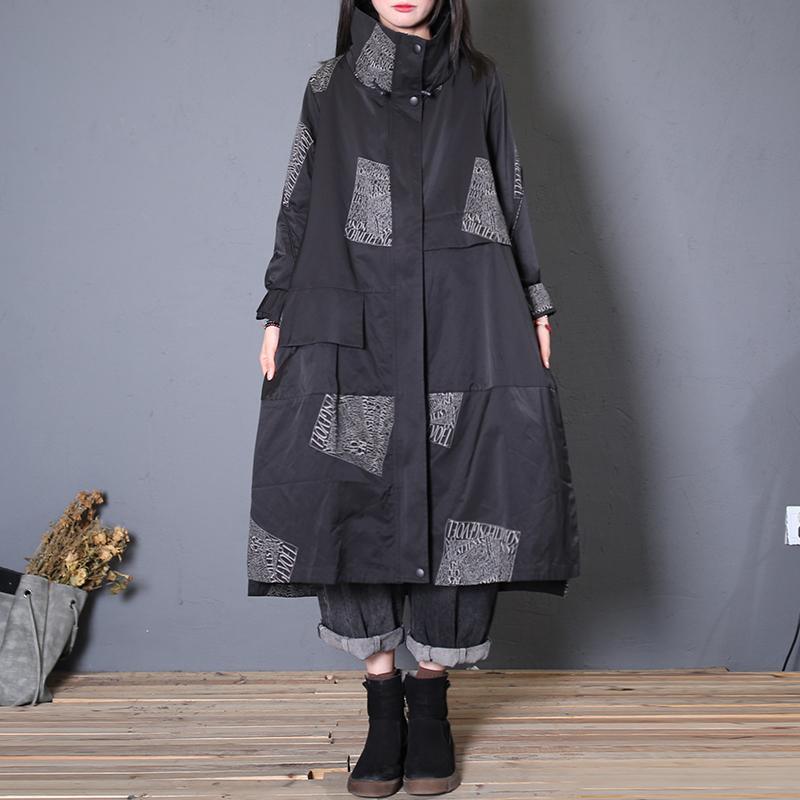 Fashion black print woolen coats plus size Coats fall pockets zippered - Omychic