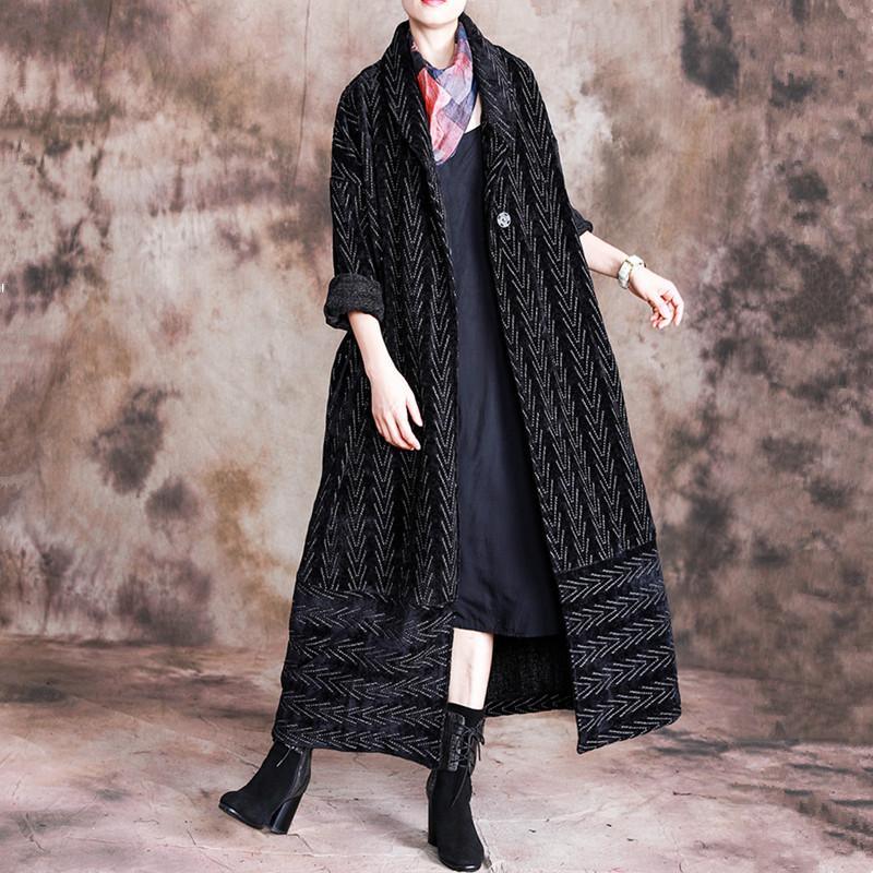 Fashion black striped Woolen Coats plus size long tie waist Notched winter coat - Omychic