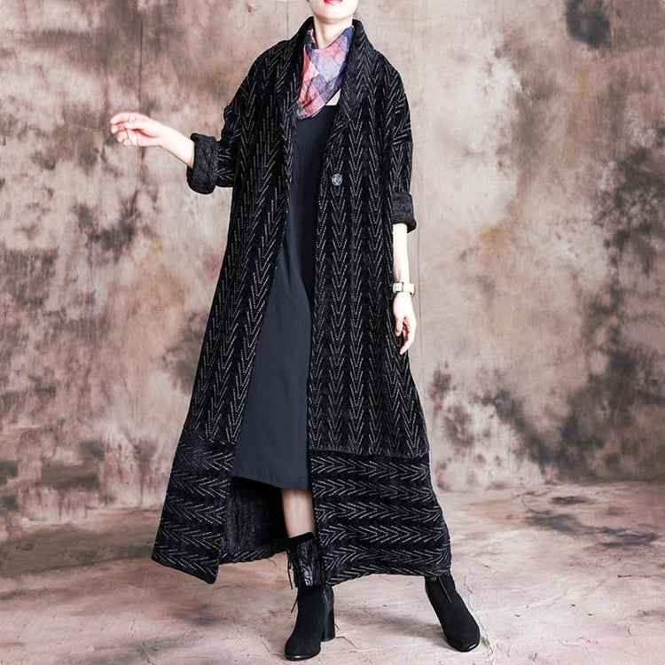 Fashion black striped Woolen Coats plus size long tie waist Notched winter coat - Omychic