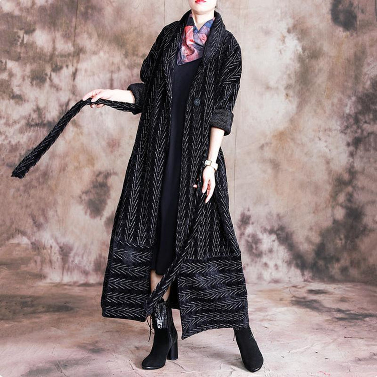 Fashion black striped Woolen Coats plus size long tie waist Notched winter coat - Omychic