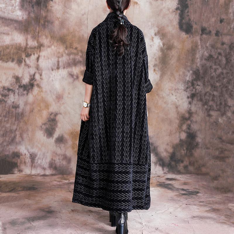 Fashion black striped Woolen Coats plus size long tie waist Notched winter coat - Omychic