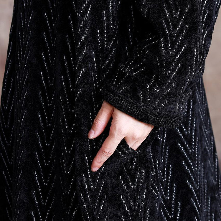 Fashion black striped Woolen Coats plus size long tie waist Notched winter coat - Omychic