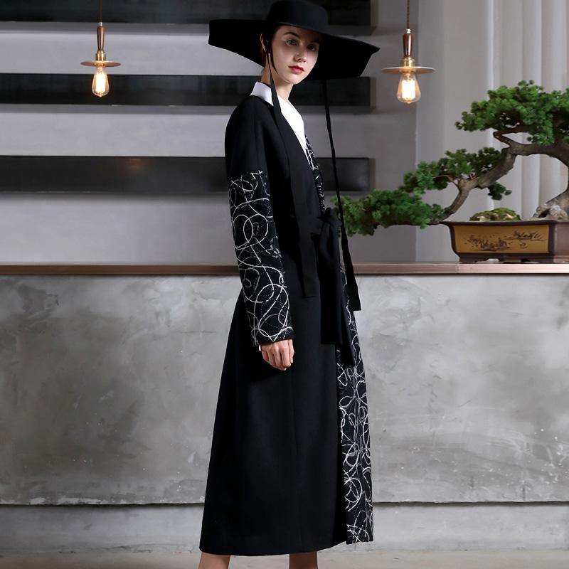 Fashion black woolen oversized long coat V neck embroidery outwear patchwork tie waist coats - Omychic