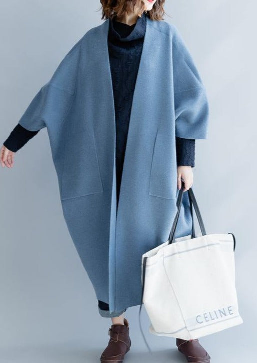 Fashion Blue Bat Wig Sleeve Coats Trendy Plus Size O Shape Outwear Trench Coat Elegant Big Pockets Long Coat - Omychic