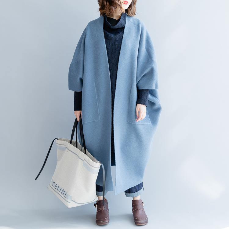 Fashion Blue Bat Wig Sleeve Coats Trendy Plus Size O Shape Outwear Trench Coat Elegant Big Pockets Long Coat - Omychic