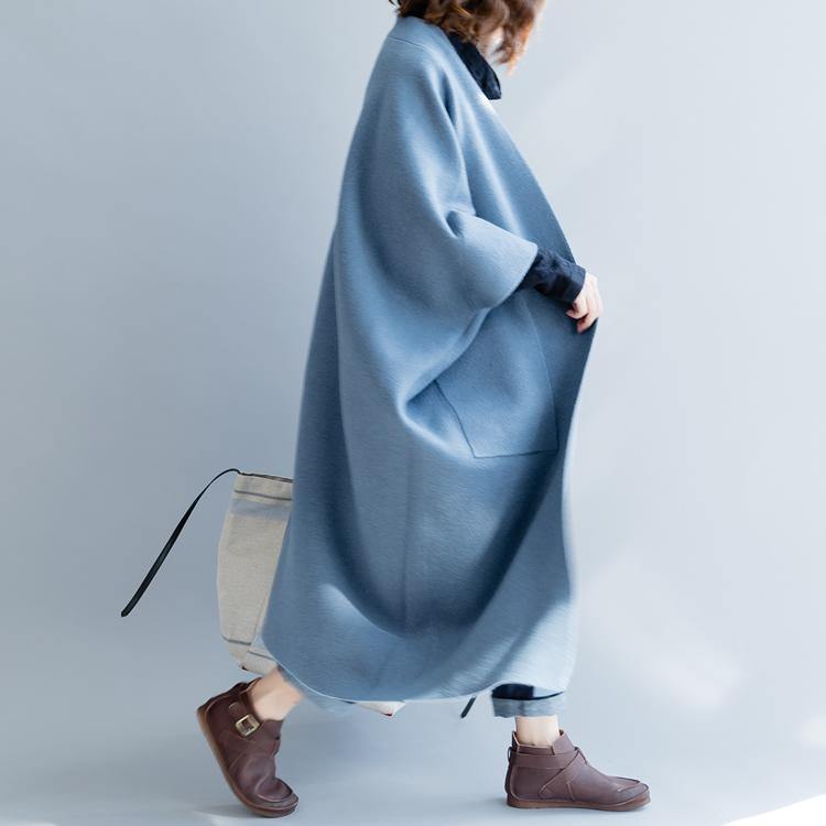 Fashion Blue Bat Wig Sleeve Coats Trendy Plus Size O Shape Outwear Trench Coat Elegant Big Pockets Long Coat - Omychic