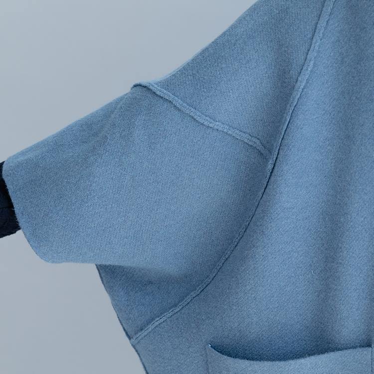 Fashion Blue Bat Wig Sleeve Coats Trendy Plus Size O Shape Outwear Trench Coat Elegant Big Pockets Long Coat - Omychic