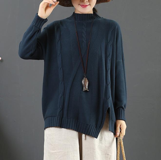 Fashion blue clothes For Women asymmetric hem Loose fitting half high neck sweaters - Omychic