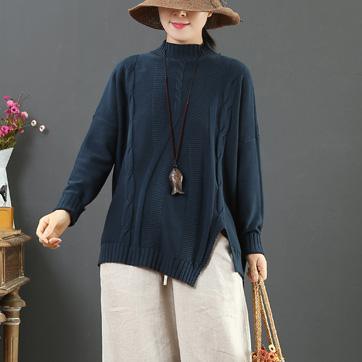 Fashion blue clothes For Women asymmetric hem Loose fitting half high neck sweaters - Omychic